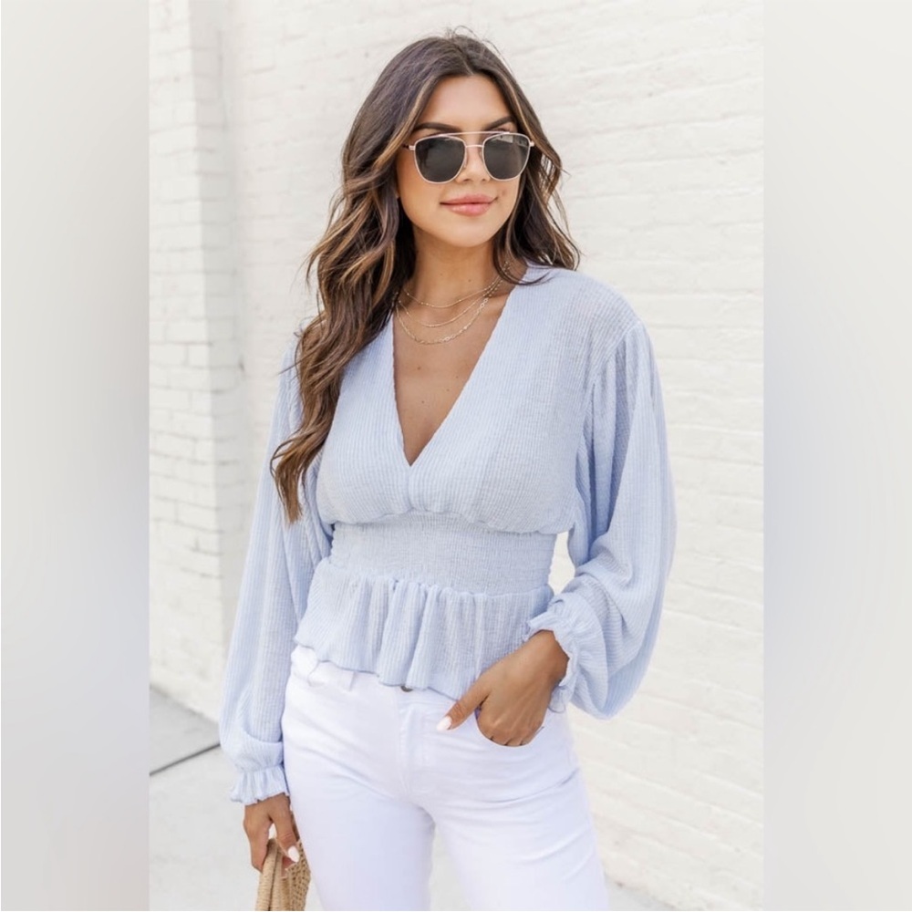 Pink Lily Romantic Walks Baby Blue Lone Sleeve Peplum Blouse